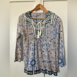 Lucky Brand Small keyhole tassels tie front boho hobo chic linen blouse